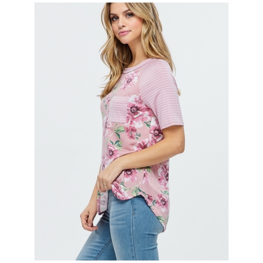 Floral & Stripe Raglan Tee with Pocket - Picture 4 of 5